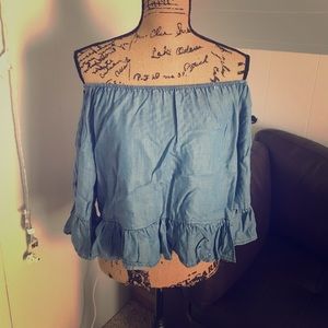 Off the shoulder blue shirt